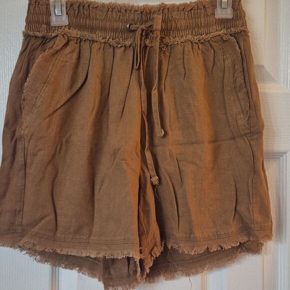 Zenana Brown Tan Drawstring Elastic Waist Linen Blend Raw Hem Pants Size M - Picture 1 of 8